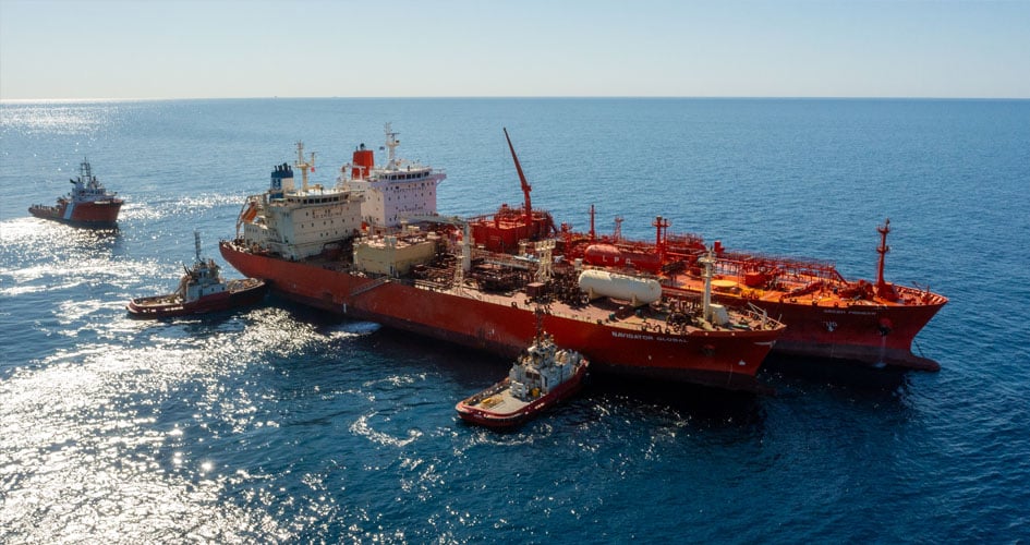 The Green Pioneer and the Navigator Global with ex-AMSA anchor handling tug supply vessel, Coral Knight